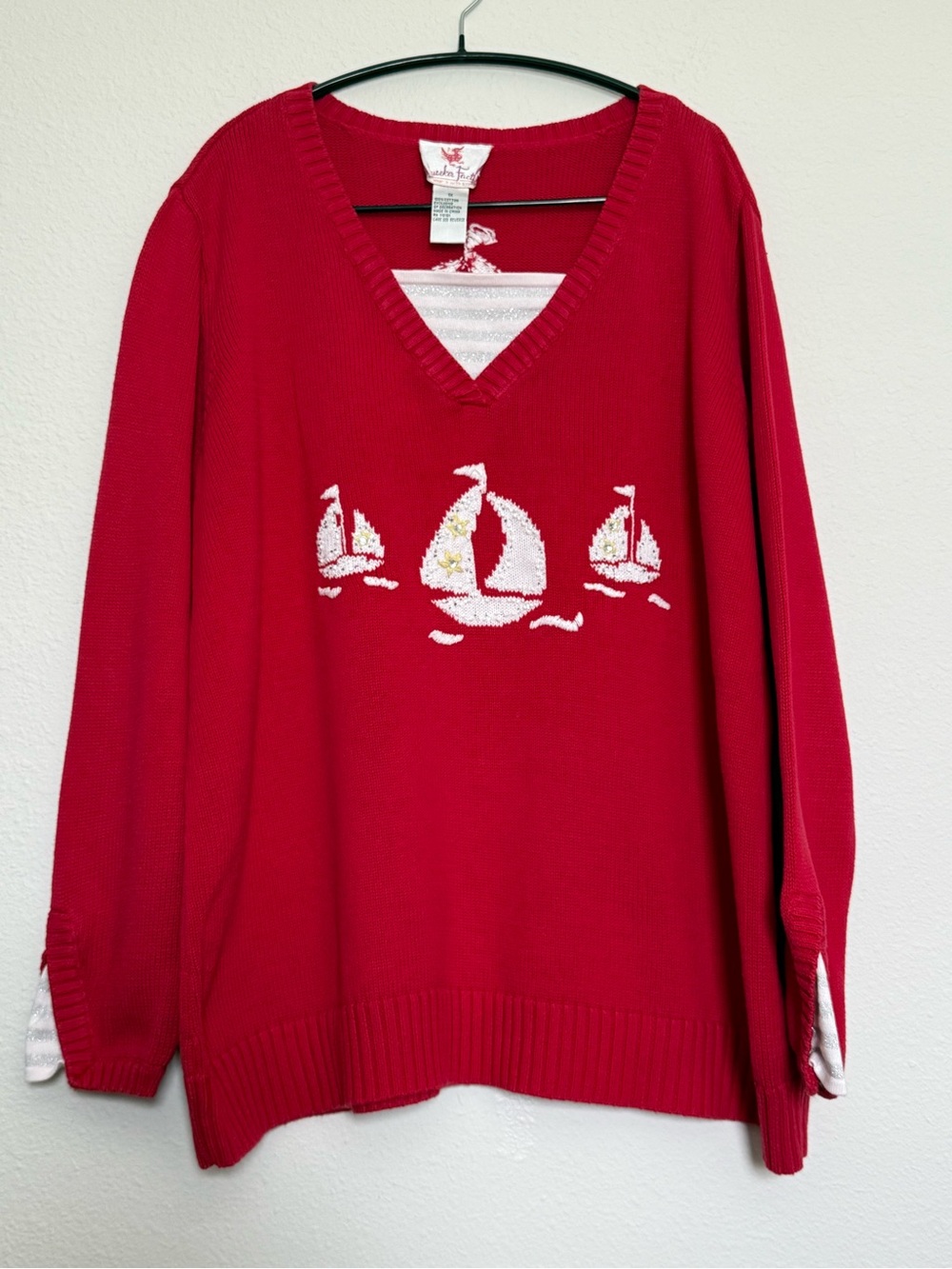 Women's Quacker Factory Red Sailboat Beaded Long Sleeve V-Neck Sweater Size 1X